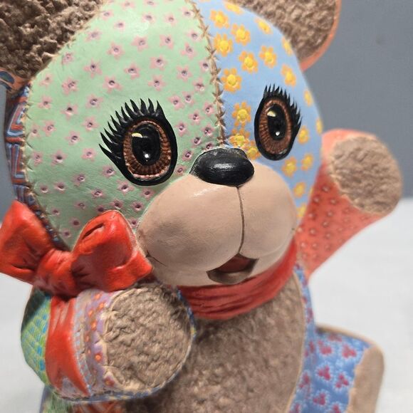 Pottery Patchwork Teddy Bear Figurine Nursery Baby Room Decor Vintage 80s Signed - Picture 2 of 8